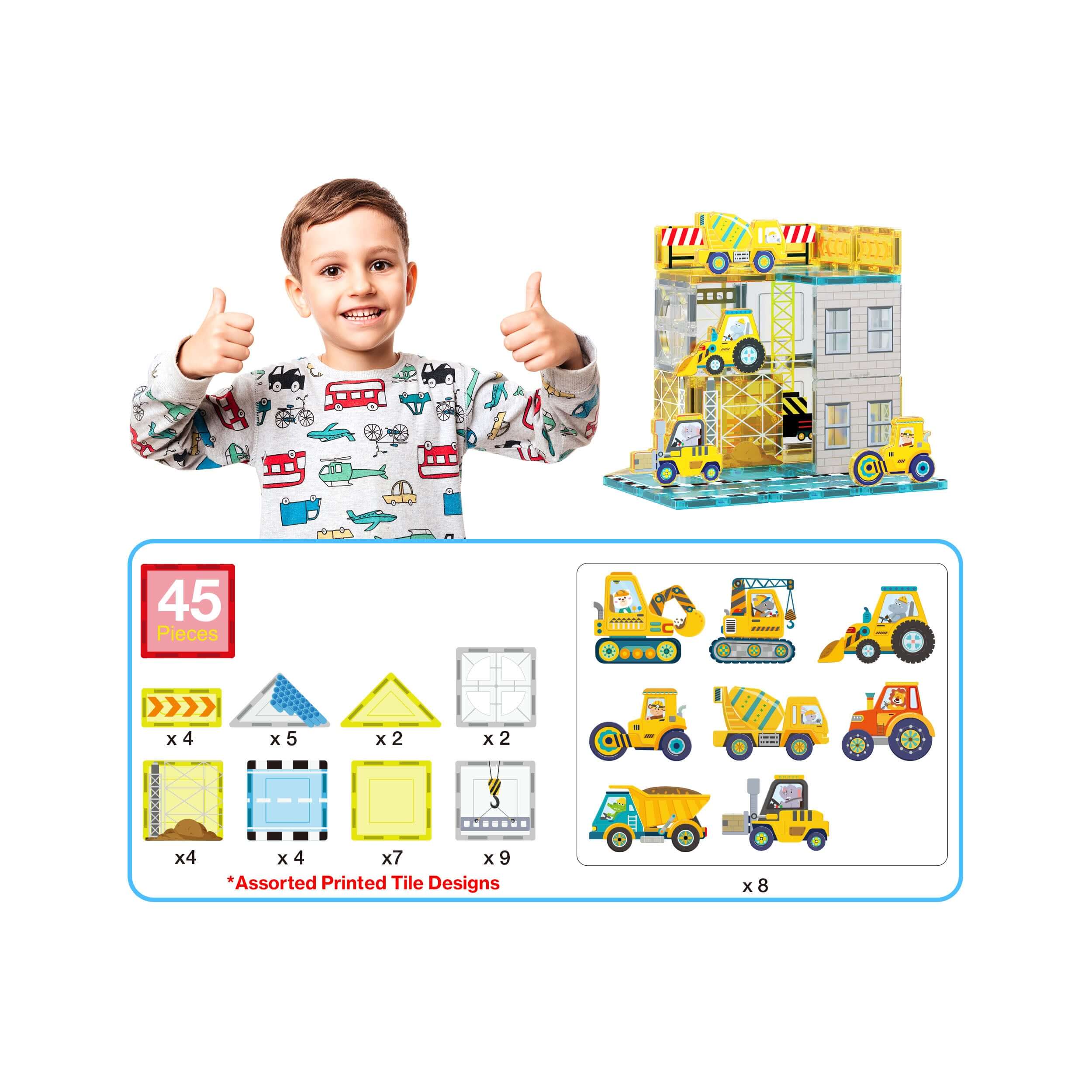 Picasso Tiles Construction 45pc Set With 8 Vehicles