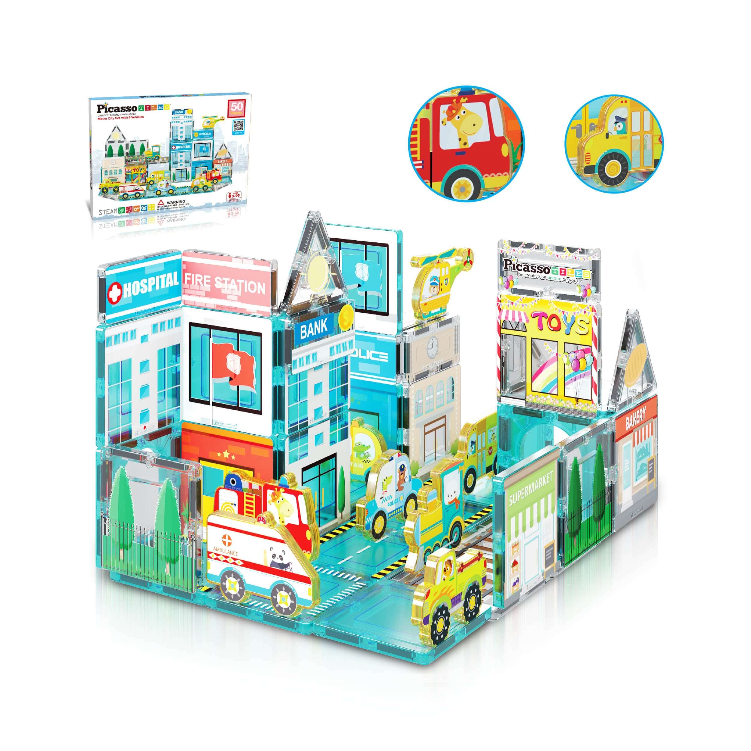 Picasso Tiles Metro City 50pc Set With 8 Vehicles