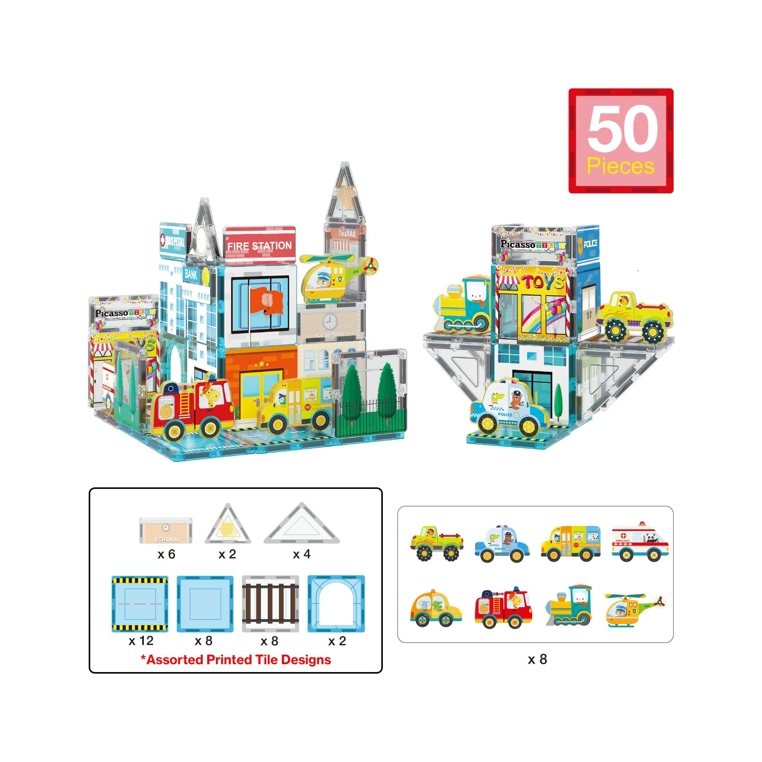 Picasso Tiles Metro City 50pc Set With 8 Vehicles