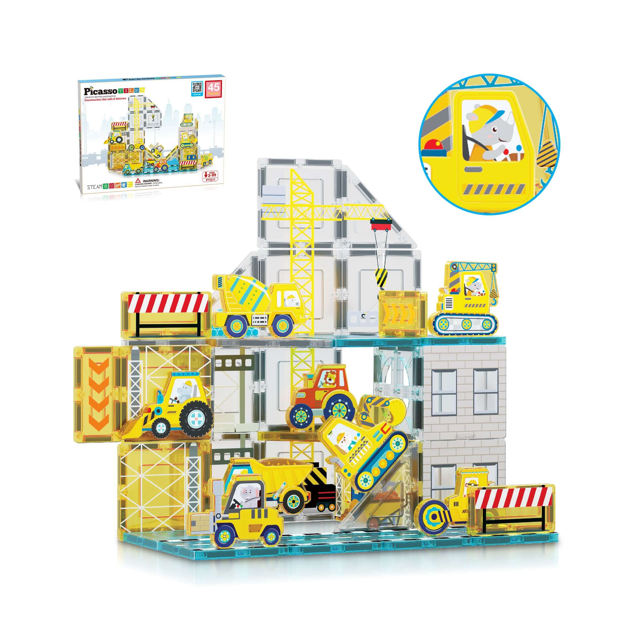 Picasso Tiles Construction 45pc Set With 8 Vehicles
