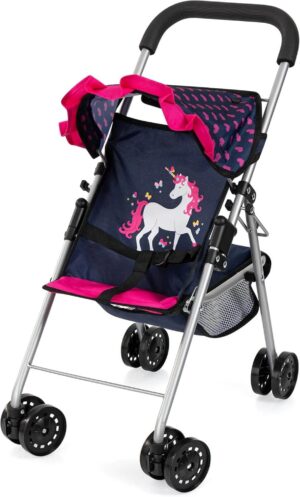 Bayer Prams & Strollers Doll Buggy - Dark Blue with Pink Heats & Unicorn